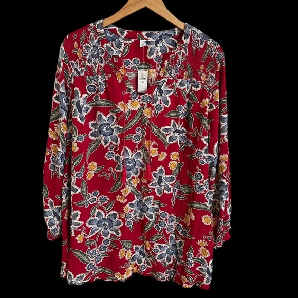 NWT Old Navy Plus size 3X Red Floral Rayon Blouse Top Fall Tassel Tie Boho New - Picture 1 of 5